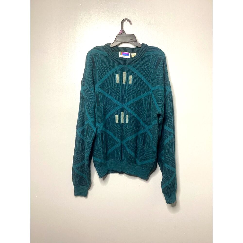 VTG 80s 90s Sweater Graphix XL Teal Geometric Chunky Knit Grandpa Sweater Cosby